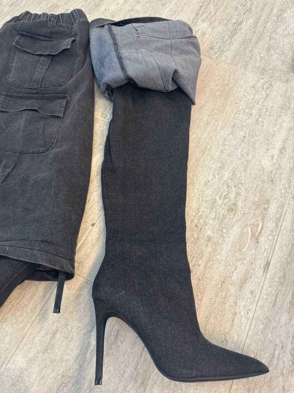 SCANDALOUS OVER THE KNEE STILETTO CARGO BOOT IN Charcoal DENIM